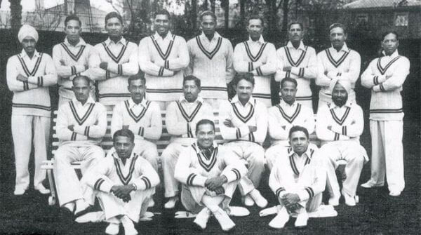 India's first-ever test team dressed in their complete white traditional test kit