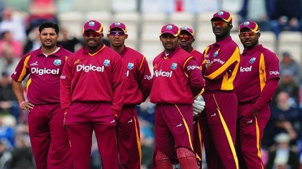 West Indies Cricket Team Players in their ODI cricket jersey and trousers.