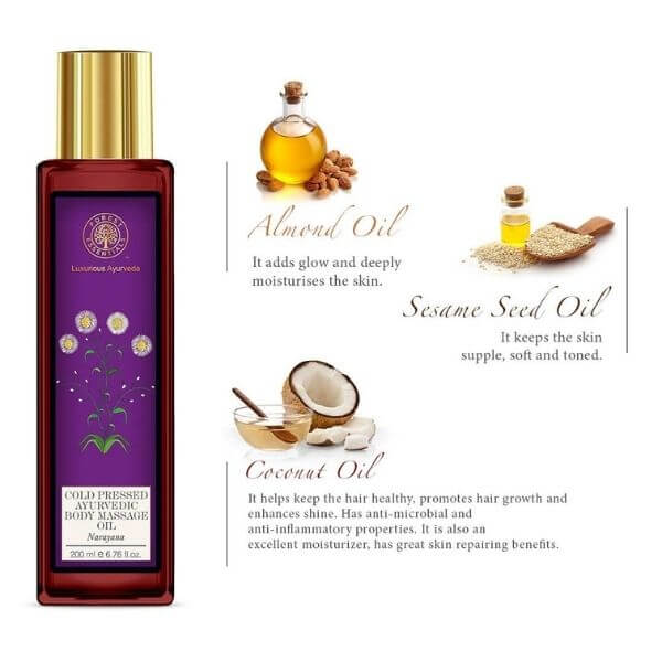 An illustration of Narayana body massage oil with its key ingredients- almond oil, sesame oil and coconut oil.