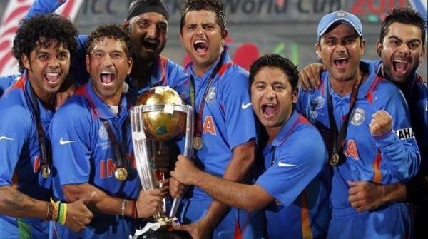 The 2011 Indian cricket team celebrating after winning the ICC CWC