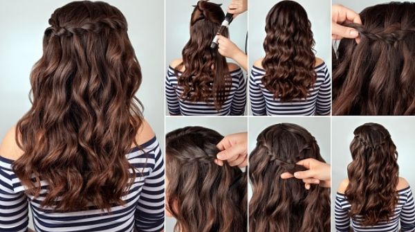 front and back waterfall braid curly hair style looks gorgeous if you want a hint of cuteness. 